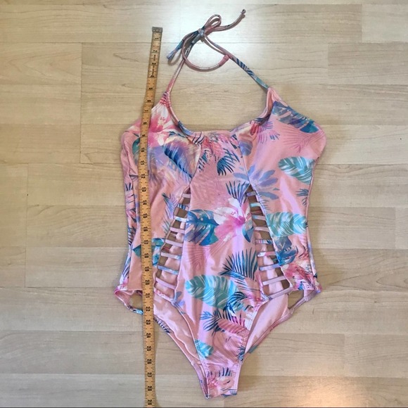 Pink Tropical Cut Out One Piece Swim Suit - Picture 2 of 6